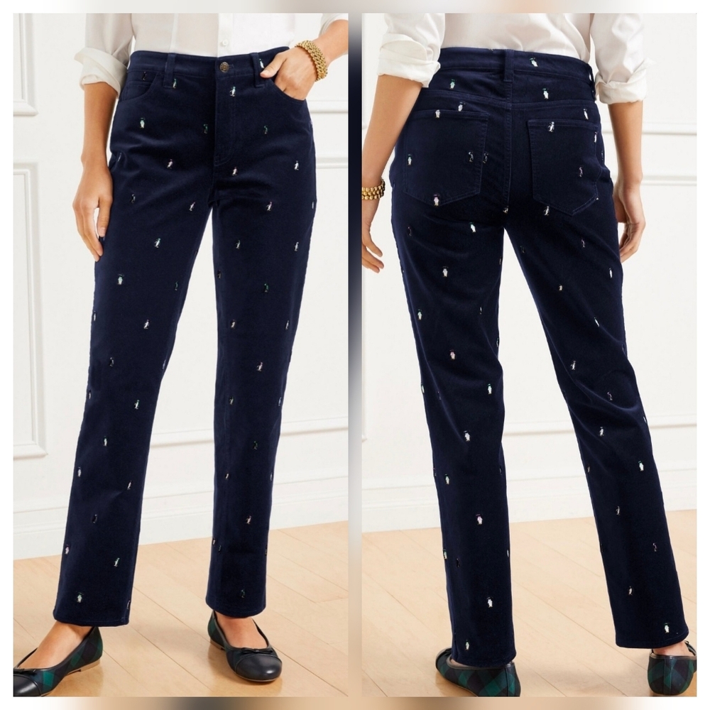 Talbots Embroidered Penguin Velveteen Corduroy Straight Leg Pants Blue Navy Sz 6